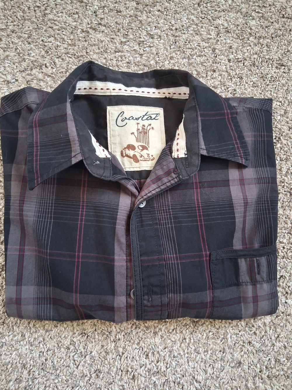 Coastal Men's Black Plaid Dress Shirt with Subtle Red Lines